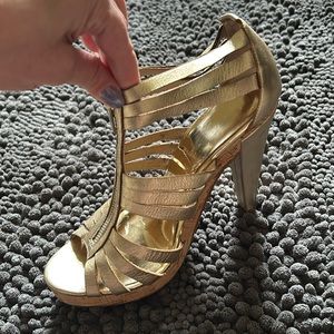 Michael Kors Leather Metallic Gold Cork Detail Heels